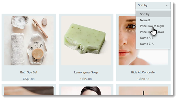 Screenshot di una galleria a griglia in un negozio Wix con il menu a tendina di ordinamento visibile