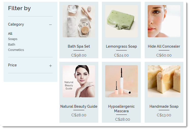 Screenshot of a product gallery with product filters displayed