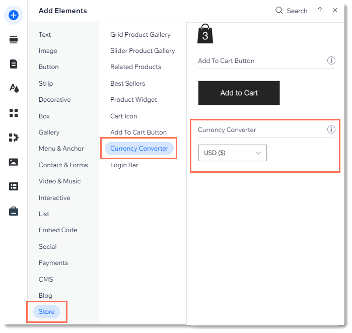 Screenshot of the Add Panel with the Currency Converter outlined