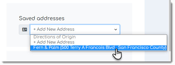 Screenshot of the address list drop-down in the Envia dashboard