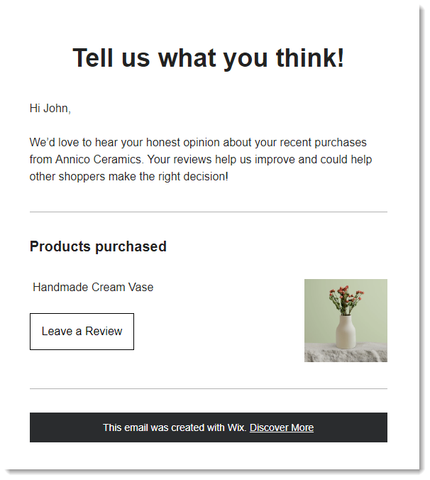 Screenshot di un'email di esempio di richiesta di recensione inviata ai clienti tramite Recensioni Wix