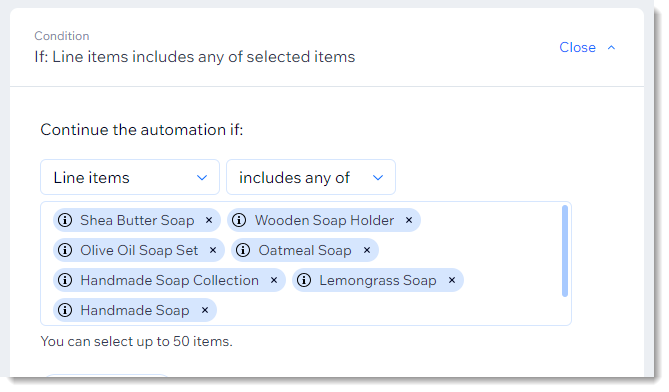 Screenshot of automations page for stores showing the conditions selected