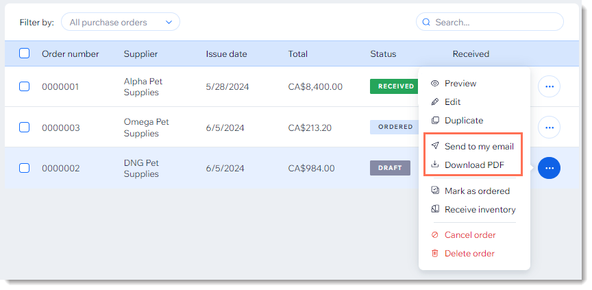 Screenshot of a purchase order where the More Actions icon was clicked.