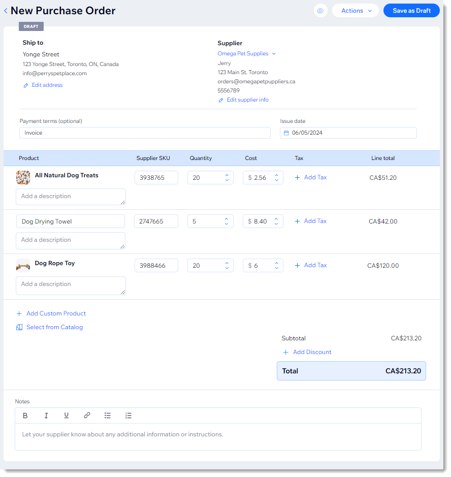 Screenshot of the page where you create a new purchase order