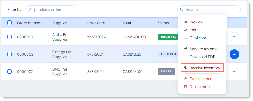 Screenshot of a purchase order where the More Actions icon was clicked, the Receive inventory option is outlined.