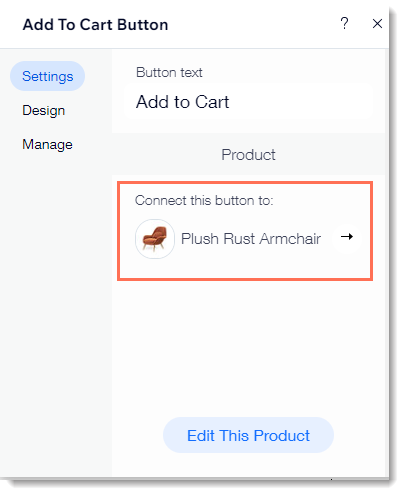 Screenshot of the settings panel where you select which product is connected to the Add to Cart button