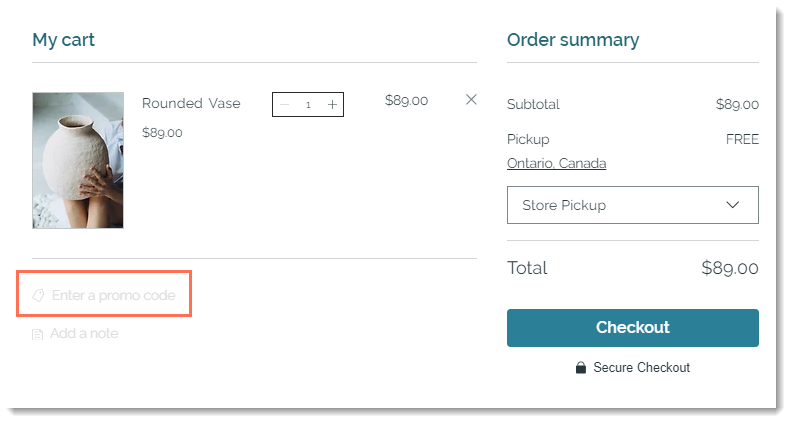 Screenshot of the Cart Page in a Wix store where the Enter a promo code link is not in a suitable color