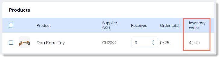 Screenshot of part the Purchase Order screen where you mark received orders with the inventory count outlined