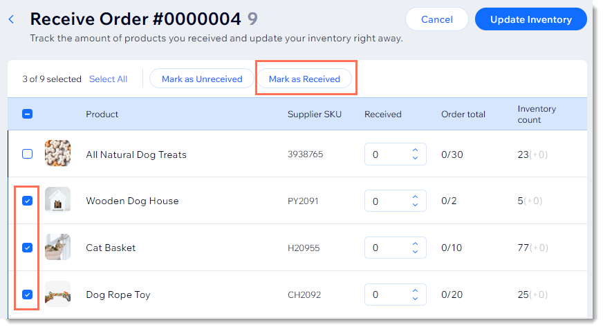 Screenshot a purchase order. 3 products are selected and the Mark as Receive button is outlined