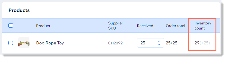 Screenshot of part the Purchase Order screen where you mark received orders with the inventory count outlined