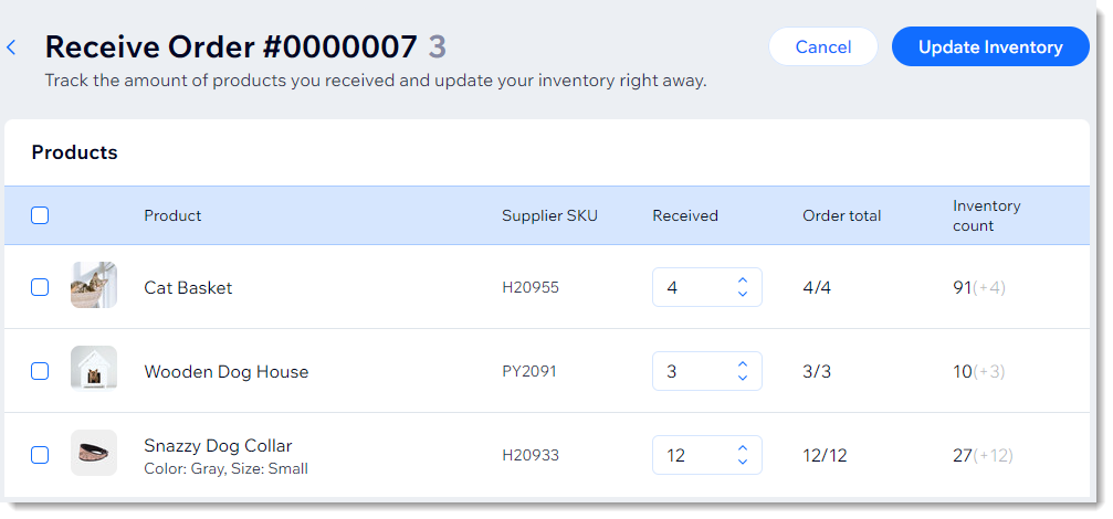 Screenshot is the receive inventory page for Wix purchase orders