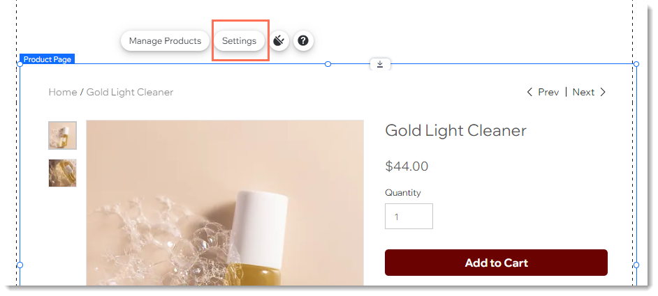 Screenshot of the Product Page in the Wix Editor and the Settings button outlined