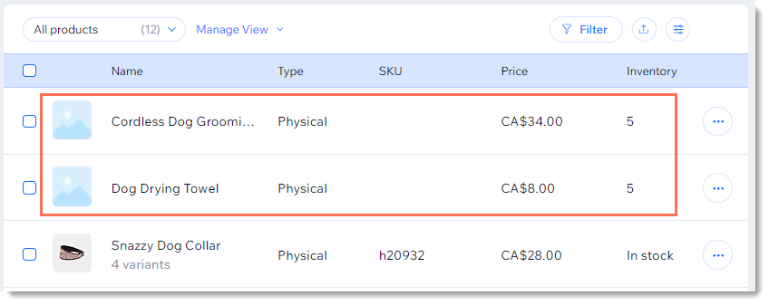 Captura de tela de novos produtos adicionados à lista de produtos por meio de um pedido de compra