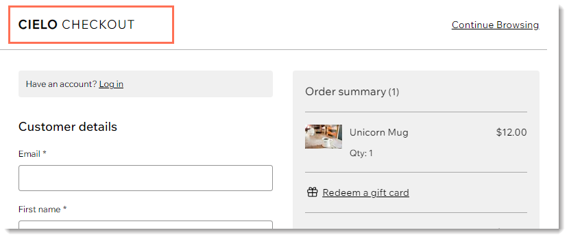 Screenshot des oberen Bereichs der Checkout-Seite. Die Kopfzeile zeigt den Namen des Unternehmens an.