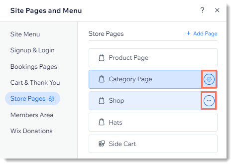 Capture d'écran de la liste des pages de la boutique dans l'Éditeur Wix, avec les icônes de paramètres et d'actions supplémentaires mises en évidence