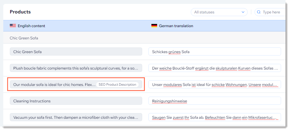 Screenshot of the Wix Multilingual translation manager showing a store product's SEO text