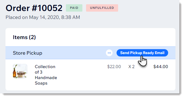 Screenshot of an order in the orders tab of a Wix site, with the Send Pickup Ready Email indicated