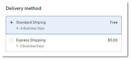 Screenshot of the delivery method part of the Checkout Page in a Wix site