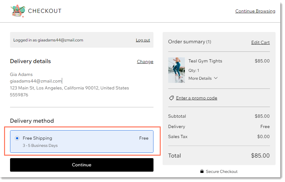 Screenshot of the Checkout Page in a Wix site with free shipping outlined