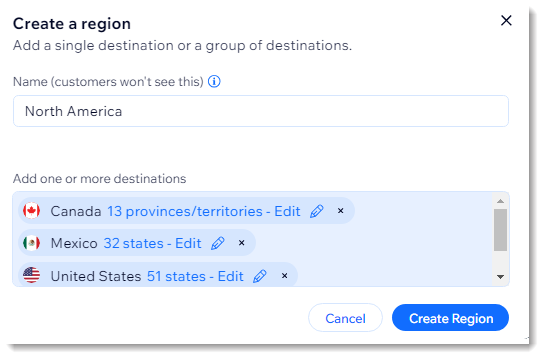 Screenshot of the popup where you add countries to create a shipping region