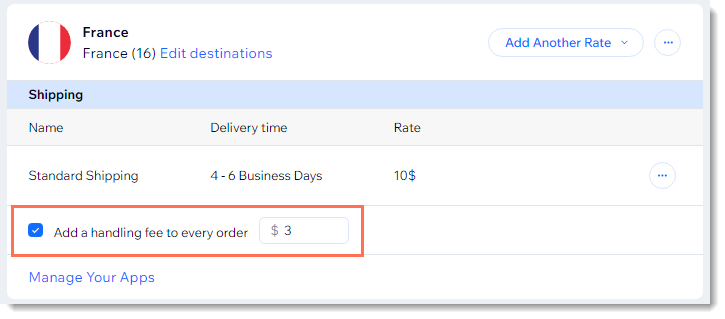 Screenshot of a shipping region in the Wix dashboard with the handling fee checkbox outlined