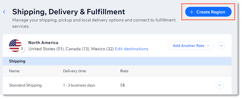 Screenshot of the shipping page in the Wix dashboard with the Create Region button outlined