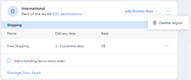 Screenshot of a Shipping region in the Wix dashboard. The delete region option is shown