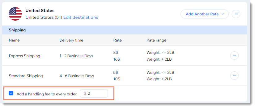 Screenshot of a shipping region in the Wix dashboard with the handling fee checkbox outlined