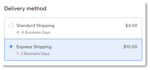Screenshot of the delivery method part of the Checkout Page in a Wix site
