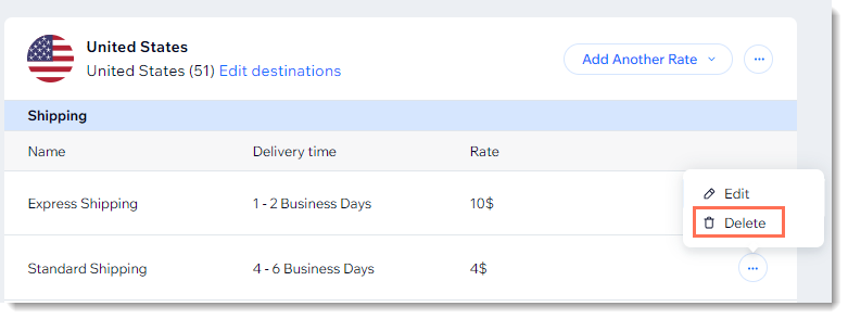 Screenshot of a section of the shipping page in the Wix dashboard, showing how to delete a shipping rate