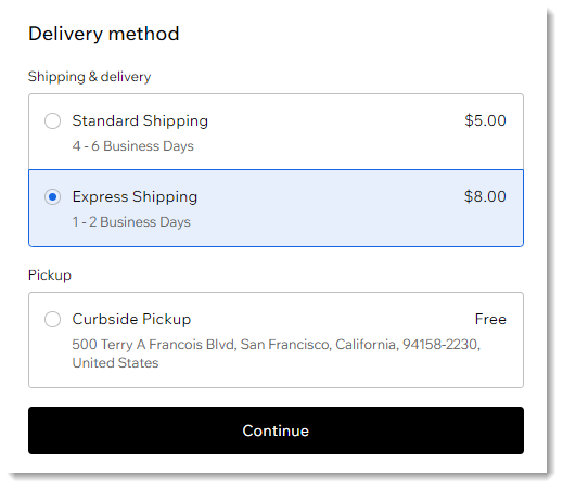 Screenshot of the delivery method section of the Checkout Page in a Wix site