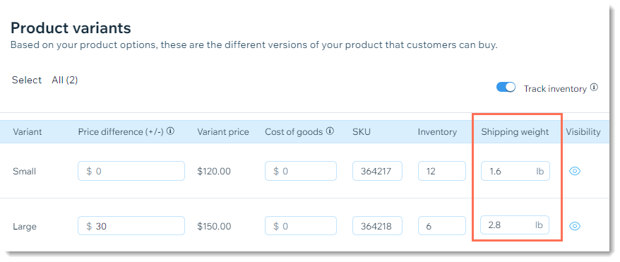 Captura de pantalla de la página de creación de productos en Wix Stores, en la que se muestra la tabla de variantes del producto abierta y se resalta el peso del envío.