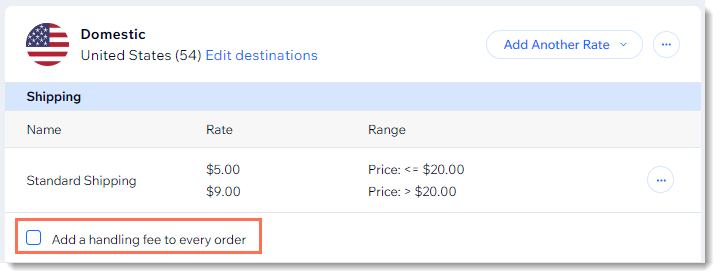 Screenshot of a shipping region in the Wix dashboard with the handling fee checkbox outlined