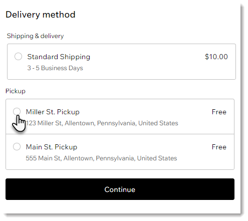 Screenshot of delivery options available at checkout in a Wix store, showing 2 pickup options