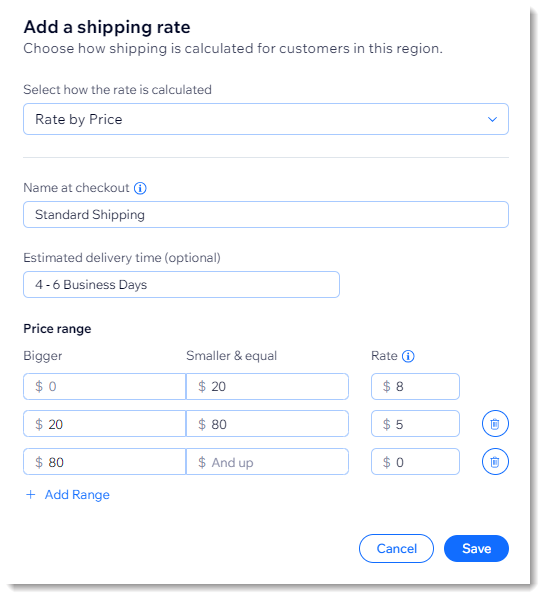 Screenshot della schermata di configurazione per una regola di spedizione Tariffa in base al prezzo su Wix Stores