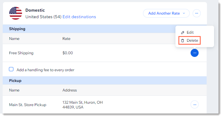 Screenshot of the shipping setup page in Wix Stores with the option to delete a shipping rules outlined