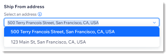 Screenshot of part of the Live Rates with USPS setup where you select a ship from address