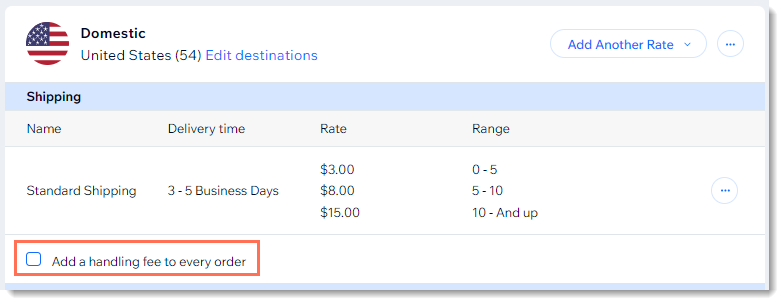 Screenshot of a shipping region in the Wix dashboard with the handling fee checkbox outlined