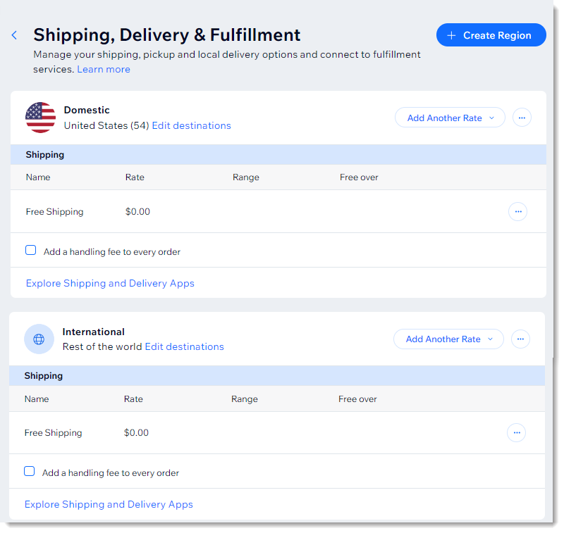 Screenshot of the shipping setup page in the Wix Dashboard