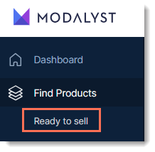 Screenshot van het linkermenu op het Modalyst-dashboard, met het Ready to sell-tabblad omlijnd