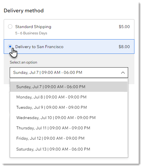 Screenshot of local delivery option at checkout in a Wix Store