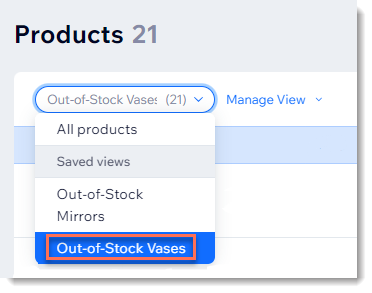 Screenshot of the saved views drop-down in the product list in the Wix dashboard