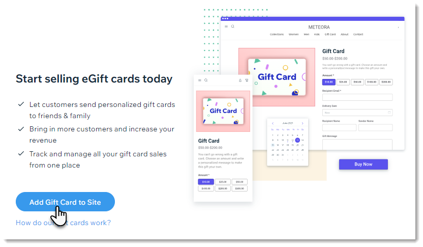 Screenshot of the Gift Card tab in the Wix dashboard, before gift cards were set up