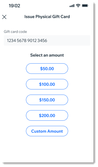 Screenshot of the screen in Wix mobile POS where you choose the amount of a gift card you're selling