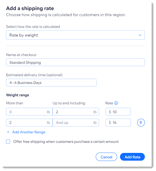 Screenshot of the setup screen for a Rate by Weight shipping rule in Wix Stores