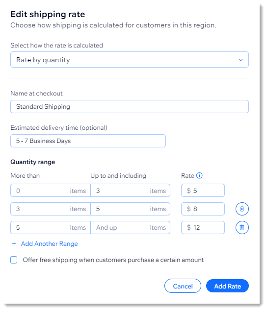 Screenshot of the setup screen for a Rate by Quantity shipping rule in Wix Stores