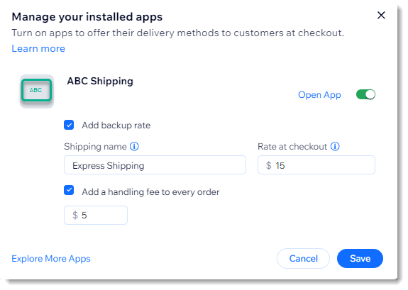 Screenshot of the popup in Wix shipping where you can add a backup rate or a handling fee