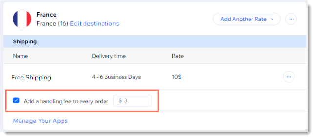 Screenshot of a shipping region in the Wix dashboard with the handling fee checkbox outlined