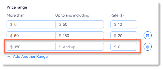 Captura de pantalla de la configuración de envío por precio