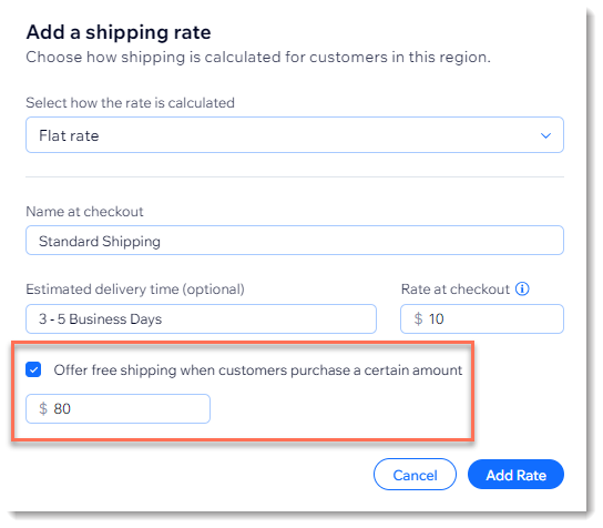 Screenshot of the  Offer free shipping when customers buy over a certain amount checkbox.